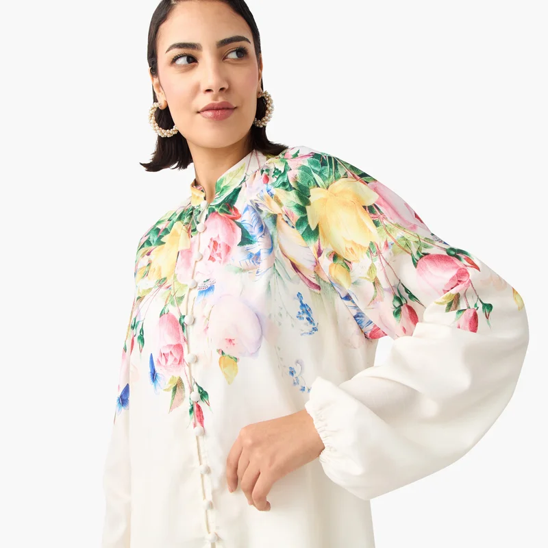 2Xtremz 2Xtremz Floral Print Top with Mandarin Collar and Volume Sleeves