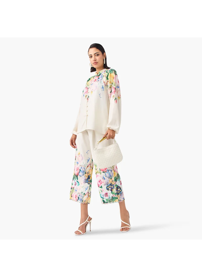 2Xtremz 2Xtremz Floral Print Top with Mandarin Collar and Volume Sleeves