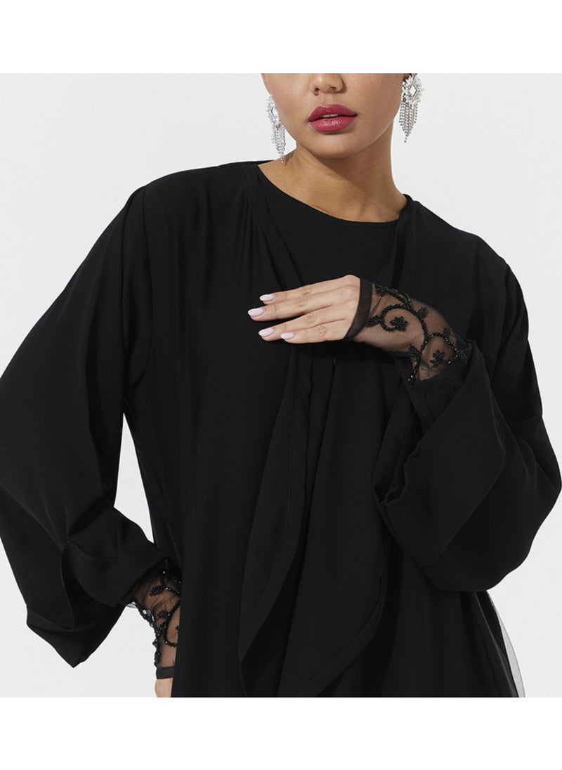 Rosette Abaya Black Abaya with Embroidary design  - Image 3