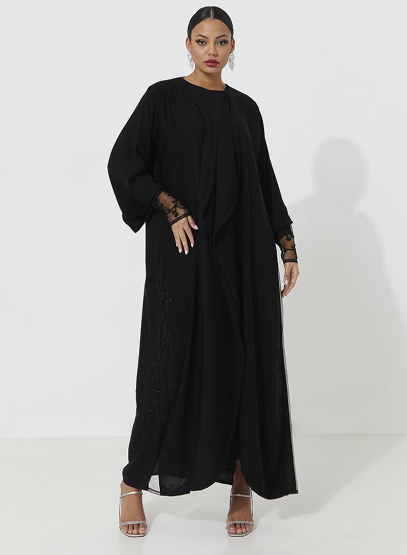 Rosette Abaya Black Abaya with Embroidary design - Image 1