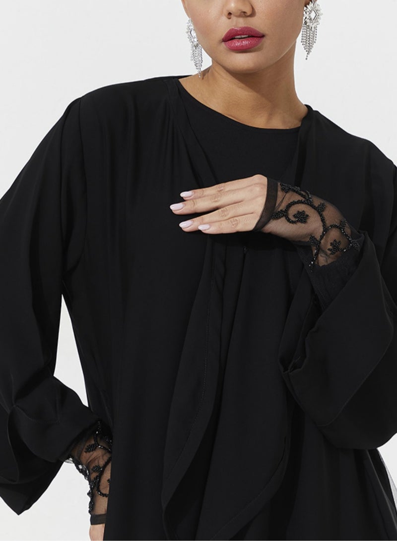 Rosette Abaya Black Abaya with Embroidary design - Image 2