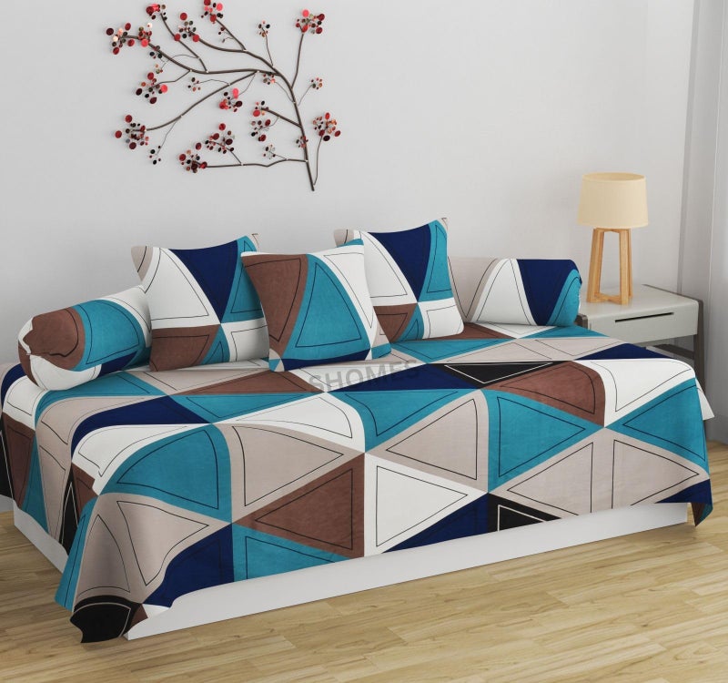 SHOMES 100% Cotton Feel Geometric Printed Diwan Set Covers 6 Pieces - 1 Single Bed Sheet (60 X 90) with 3 Cushion (16 X 16), 2 Bolster Covers (16 X 32) - Multicolor Geometric - Image 1