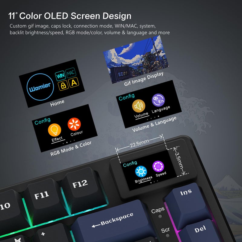 Womier SK80 75% Keyboard with Color Multimedia Display Mechanical Gaming Keyboard Creamy Sound, Wired Hot Swappable Gasket Mount RGB Custom Key Board, Pre-lubed Stabilizer for Mac/Win, Black Kanagawa - Image 2