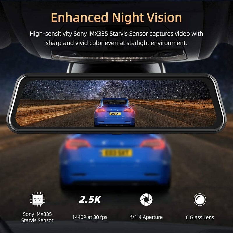AUSHA كاميرا داش 2K مرآة 10" للسيارات مع شاشة تعمل باللمس بالكامل، نظام تحديد المواقع (عداد السرعة)، كاميرا خلفية مقاومة للماء، رؤية ليلية محسّنة مع مستشعر سوني ستارفيش، مساعدة في الركن - Image 2