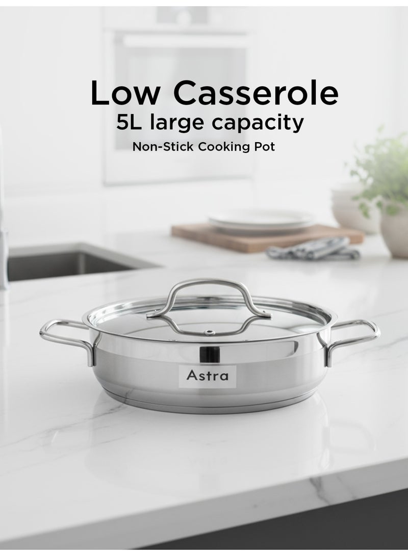 Astra 26×10 cm Stainless Steel Low Casserole – 5.0 L Capacity | 18/10 Cr-Ni Food-Grade Steel with Triplex Capsule Bottom | Mirror Finish with Lid & Ergonomic Handles | Compatible with Gas, Induction & All Cooktops - Image 1