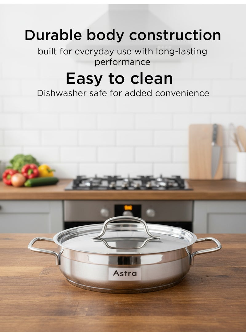 Astra 26×10 cm Stainless Steel Low Casserole – 5.0 L Capacity | 18/10 Cr-Ni Food-Grade Steel with Triplex Capsule Bottom | Mirror Finish with Lid & Ergonomic Handles | Compatible with Gas, Induction & All Cooktops - Image 4