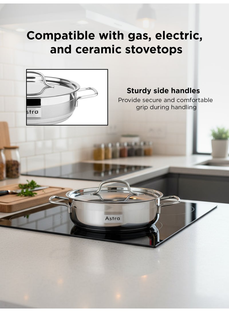 Astra 26×10 cm Stainless Steel Low Casserole – 5.0 L Capacity | 18/10 Cr-Ni Food-Grade Steel with Triplex Capsule Bottom | Mirror Finish with Lid & Ergonomic Handles | Compatible with Gas, Induction & All Cooktops - Image 3