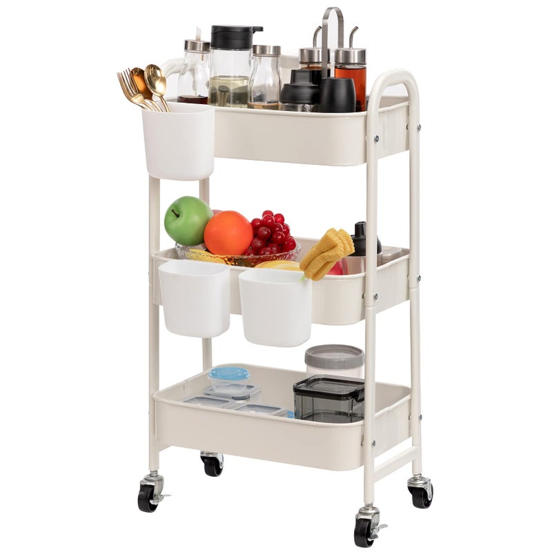 DOEWORKS 3Tier Storage Trolley Cart Rolling Metal Kitchen Trolley on Wheels Craft Trolleys Beauty Trolleys Storage Utility Cart for Living Room Bedroom Office White with 3 Cups