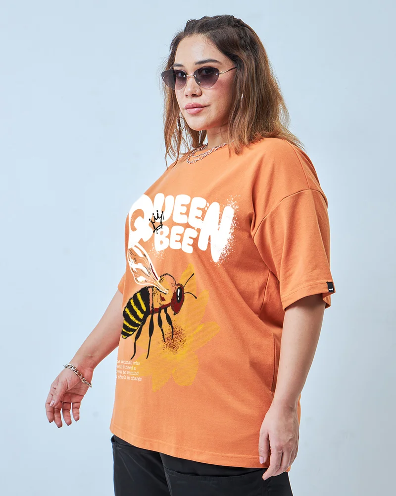 بيواكوف Women's Caramel Orange Queen Bee Graphic Printed Oversized Plus Size T-shirt