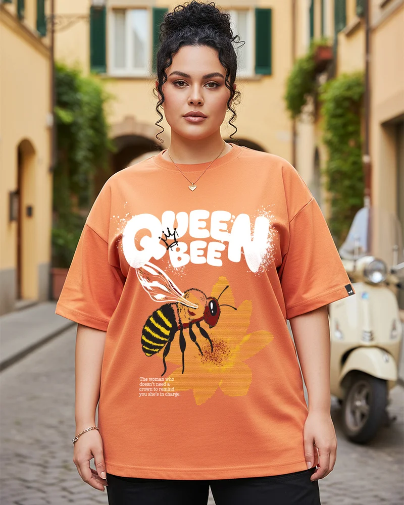 بيواكوف Women's Caramel Orange Queen Bee Graphic Printed Oversized Plus Size T-shirt