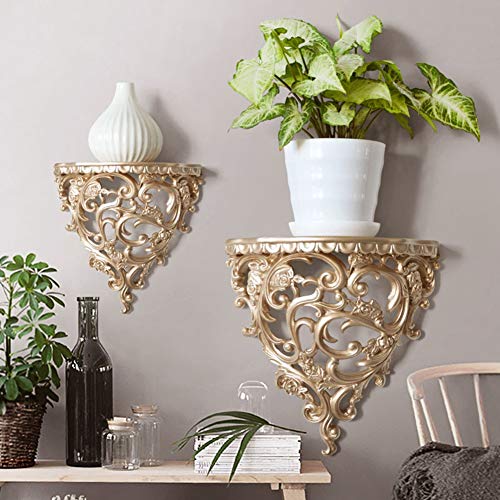 HAOHIZE Vintage Wall Shelf, Gold Antique Wall Shelf European Ornate Shelf Plant Wall Shelf Small Floating Shelf Wall Hanging Rack Wall Decor for Bedroom Bathroom Kitchen - Image 3