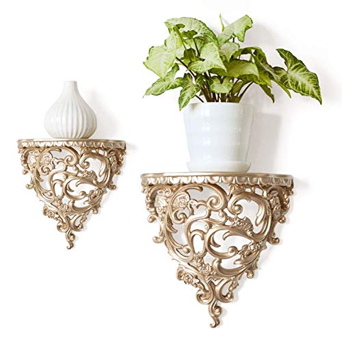 HAOHIZE Vintage Wall Shelf, Gold Antique Wall Shelf European Ornate Shelf Plant Wall Shelf Small Floating Shelf Wall Hanging Rack Wall Decor for Bedroom Bathroom Kitchen - Image 1