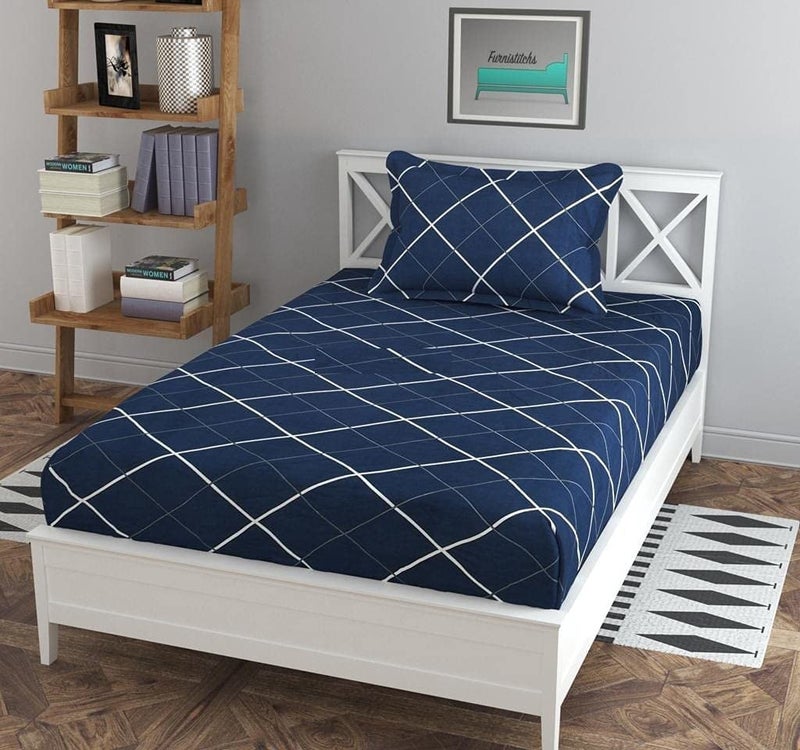 SpangleHomes 300 TC 100% Soft Glace Cotton Elastic Fitted Single Bed Bedsheet with 1 Large Pillow Cover (Single Bed 36 X72X6 inches, Blue Lines) - Image 4