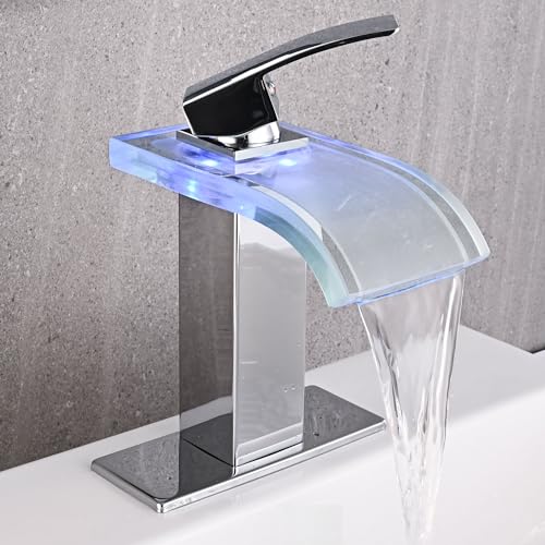 AVSIILE LED Bathroom Sink Faucet, Chrome Waterfall Single Hole Handle Vanity Faucets for Sinks 1 Hole with Metal Pop Up Drain and 2 Water Supply Lines, Wide Glass Spout - Image 1
