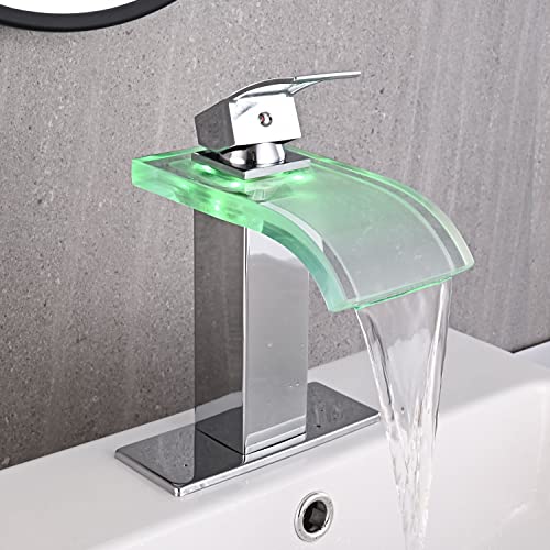 AVSIILE LED Bathroom Sink Faucet, Chrome Waterfall Single Hole Handle Vanity Faucets for Sinks 1 Hole with Metal Pop Up Drain and 2 Water Supply Lines, Wide Glass Spout - Image 3