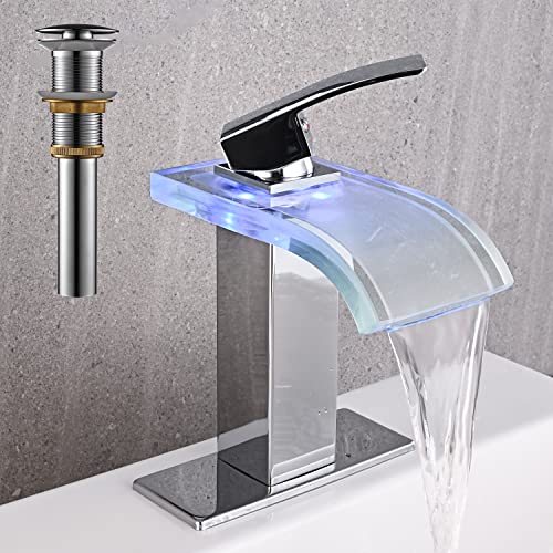 AVSIILE LED Bathroom Sink Faucet, Chrome Waterfall Single Hole Handle Vanity Faucets for Sinks 1 Hole with Metal Pop Up Drain and 2 Water Supply Lines, Wide Glass Spout - Image 2