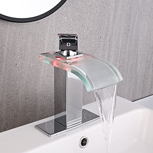 AVSIILE LED Bathroom Sink Faucet, Chrome Waterfall Single Hole Handle Vanity Faucets for Sinks 1 Hole with Metal Pop Up Drain and 2 Water Supply Lines, Wide Glass Spout - Image 4