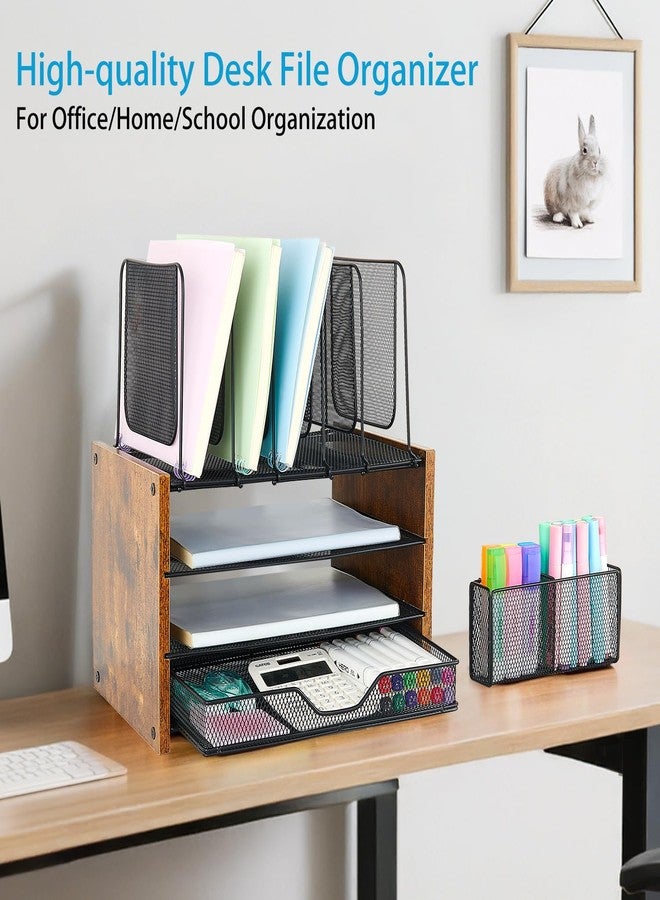 OPNICE Wood Desk Organizers and Accessories with Drawer, 3-Tier Desk Accessories & Workspace Organizers，Paper Organizer with 5 Vertical File Organizer & Pen Holder for Office Supplies - Image 2