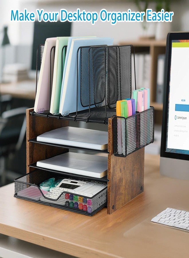 OPNICE Wood Desk Organizers and Accessories with Drawer, 3-Tier Desk Accessories & Workspace Organizers，Paper Organizer with 5 Vertical File Organizer & Pen Holder for Office Supplies - Image 3