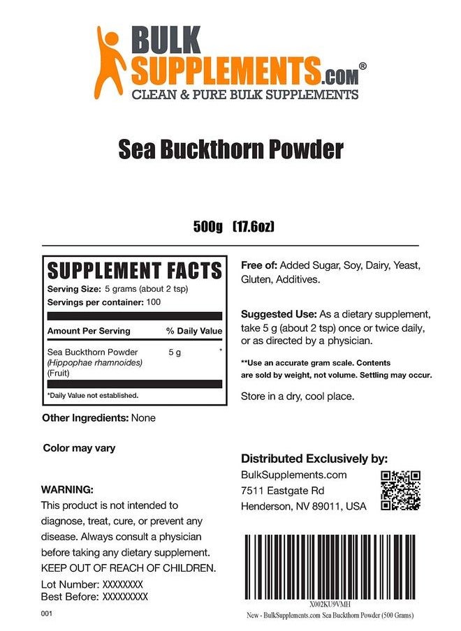 BULKSUPPLEMENTS.COM - Sea Buckthorn Powder Omega 7 Supplement Superfood Powder 5G Of Sea Buckthorn Berry Powder Per Serving Fruit Powder (500 Grams 1.1 Lbs) - Image 1