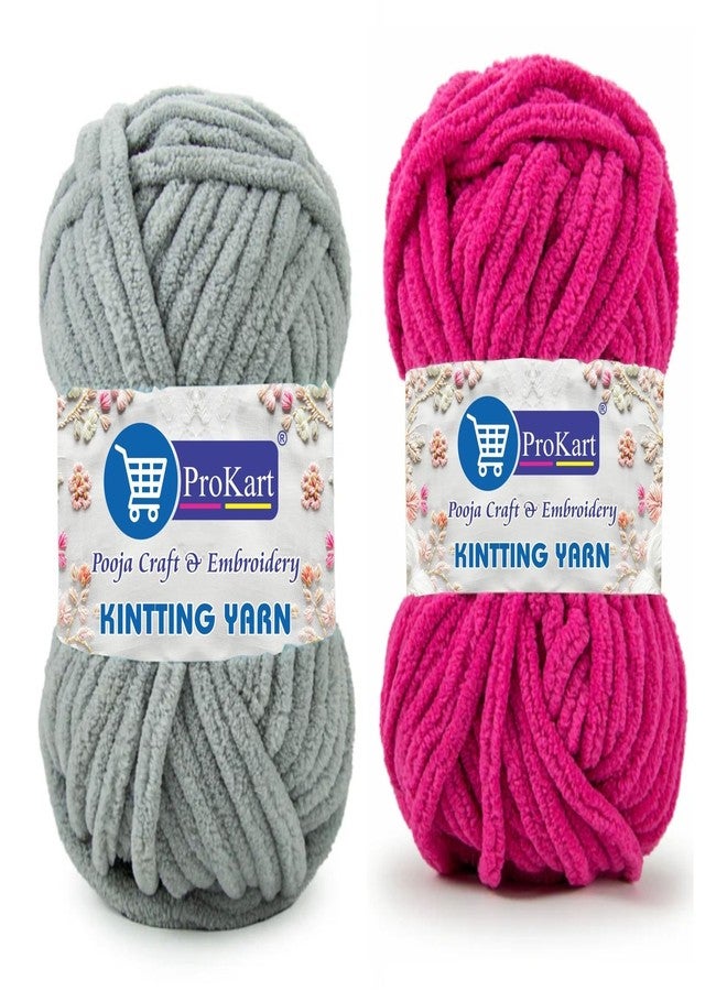 ProKart Super Stitch Knit Yarn | 200g Combo Pack | Blankie Wool, Plush & Cuddly, Chenille Yarn Supersoft Hand Knitting Wool Ball | Suitable for Hand Knitting and Crocheting for Baby, Blankets, Babywear & Craft 2 Balls (1 Ball/100 Gram Each) (Grey & Hot Pink)