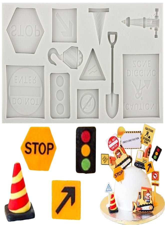 MINFEIDMS Excavator Fondant Molds Construction Site Silicone Mold Forklift Construction Sign Candy Molds for Cake Decorating Cupcake Topper Candy Polymer Clay Chocolate Gum Paste - Image 1
