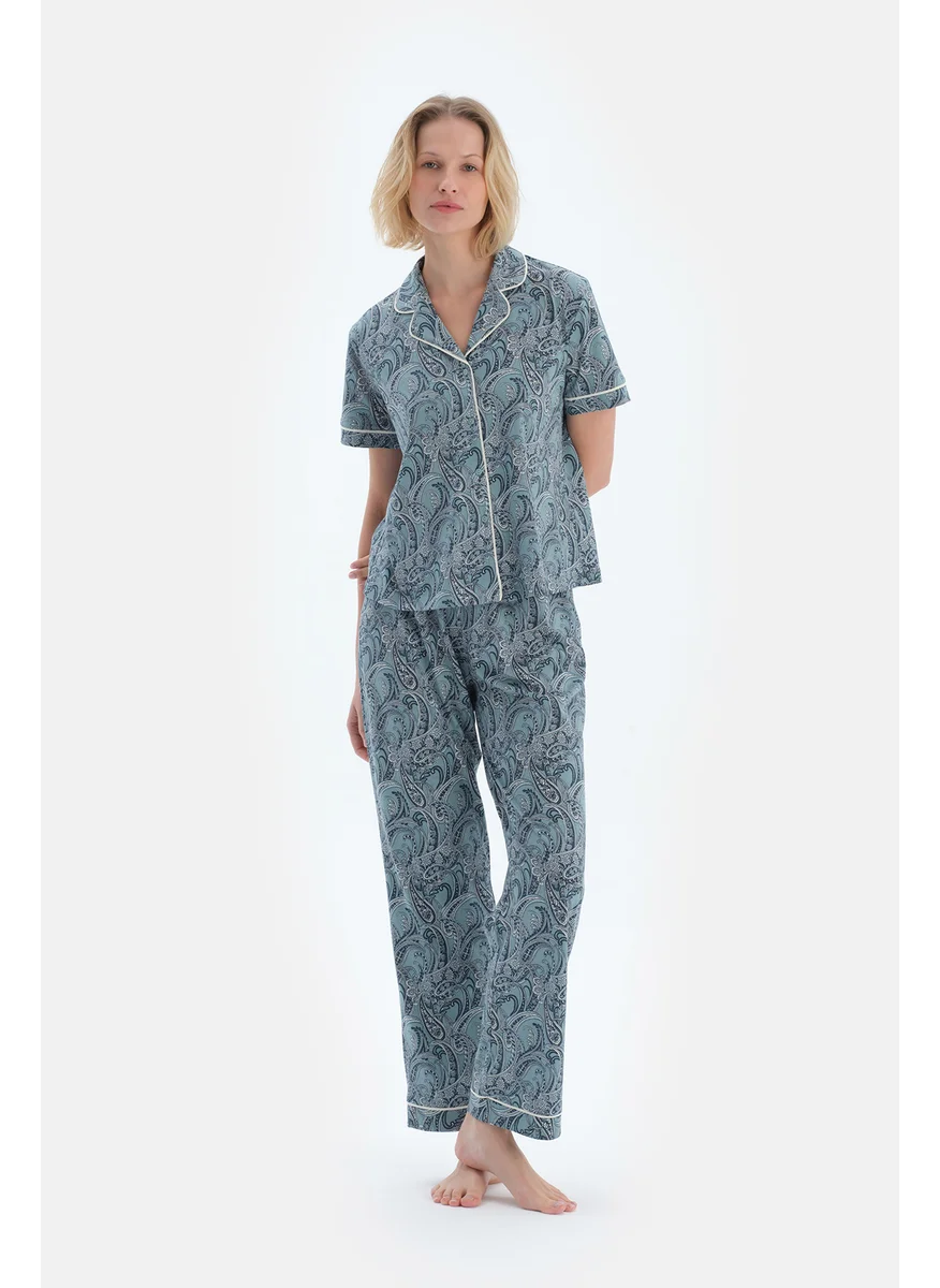 داجي Graphic Print Shirt & Trousers Pajama Set Spread Collar Cotton Blend Mid Rise Regular/Classic Fit Sleepwear