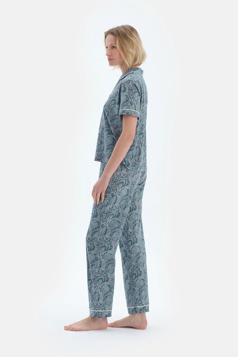 dagi Graphic Print Shirt & Trousers Pajama Set Spread Collar Cotton Blend Mid Rise Regular/Classic Fit Sleepwear
