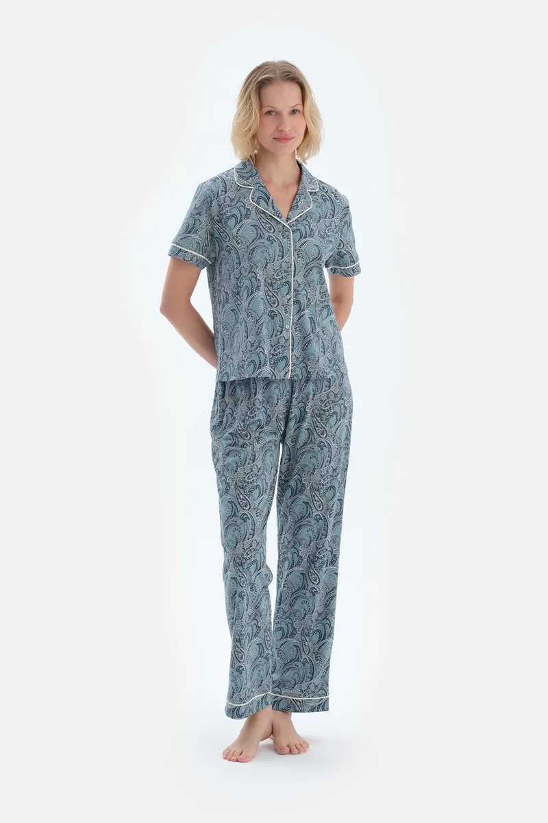 dagi Graphic Print Shirt & Trousers Pajama Set Spread Collar Cotton Blend Mid Rise Regular/Classic Fit Sleepwear
