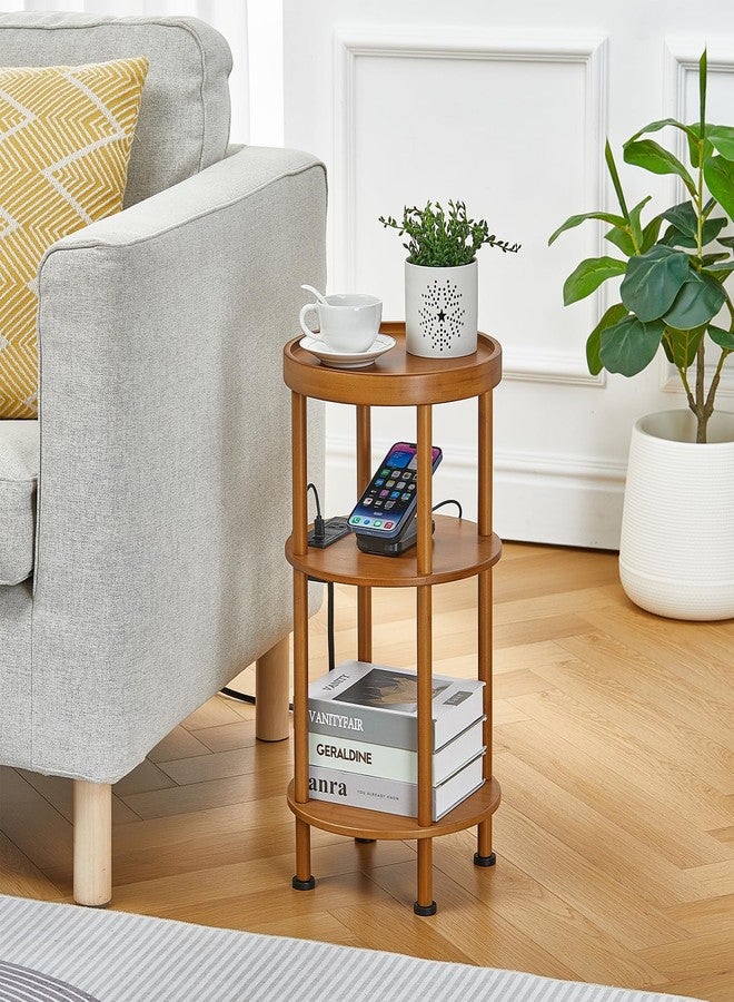 ZEXVIDA 3-Tier Bamboo Round Side Table with Charging Station, Small Round Bamboo End Table with USB Ports & Power Outlets - Corner Table Sofa End Table for Living Room, Bedroom (with Outlet, Brown) - Image 2