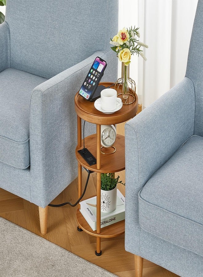ZEXVIDA 3-Tier Bamboo Round Side Table with Charging Station, Small Round Bamboo End Table with USB Ports & Power Outlets - Corner Table Sofa End Table for Living Room, Bedroom (with Outlet, Brown) - Image 4
