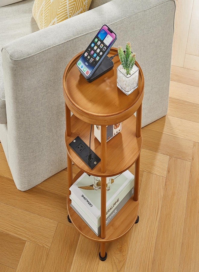 ZEXVIDA 3-Tier Bamboo Round Side Table with Charging Station, Small Round Bamboo End Table with USB Ports & Power Outlets - Corner Table Sofa End Table for Living Room, Bedroom (with Outlet, Brown) - Image 5
