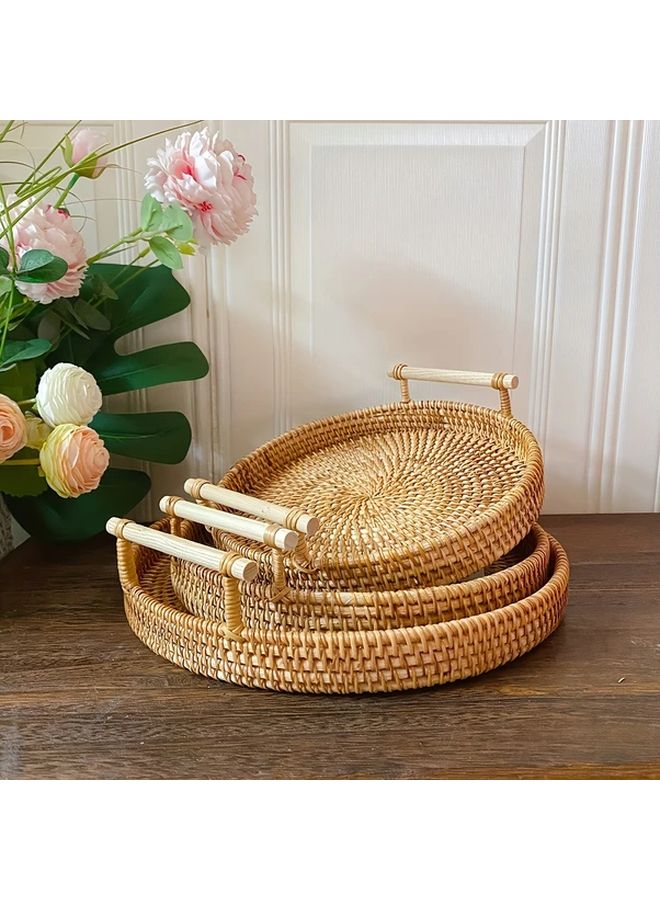 Medium Handcrafted Rattan Serving Tray Double Handled Tea Fruit Dish Heat Resistant - Image 2