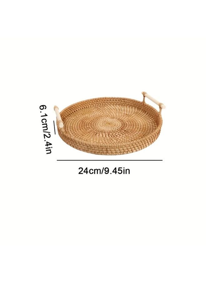 Medium Handcrafted Rattan Serving Tray Double Handled Tea Fruit Dish Heat Resistant - Image 1