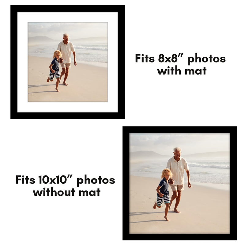 Americanflat 10x10 Picture Frame with Polished Plexiglass - Set of 2 - Use as 8x8 Frame with Mat or 10x10 Frame Without Mat - Galleria Collection - Gallery Frames for Tabletop and Wall Display - Black