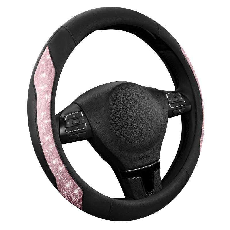 PIC AUTO Steering Wheel Cover, Pink Sparkly Crystal Bling Glitter with Leather, Universal Fit 14.5"-15.5" Car Steering Wheels for Girls & Women, Anti-Slip Wheels Cover for Cars, Trucks, Van, SUVs - Image 1