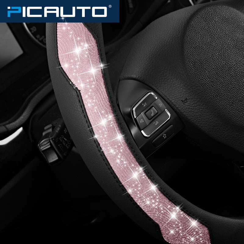 PIC AUTO Steering Wheel Cover, Pink Sparkly Crystal Bling Glitter with Leather, Universal Fit 14.5"-15.5" Car Steering Wheels for Girls & Women, Anti-Slip Wheels Cover for Cars, Trucks, Van, SUVs - Image 5