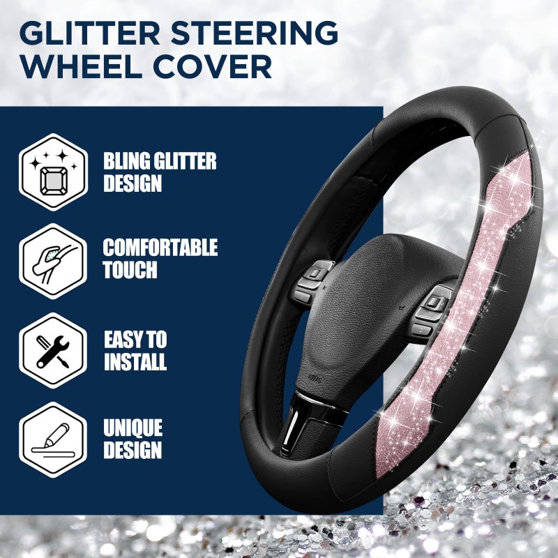 PIC AUTO Steering Wheel Cover, Pink Sparkly Crystal Bling Glitter with Leather, Universal Fit 14.5"-15.5" Car Steering Wheels for Girls & Women, Anti-Slip Wheels Cover for Cars, Trucks, Van, SUVs - Image 4