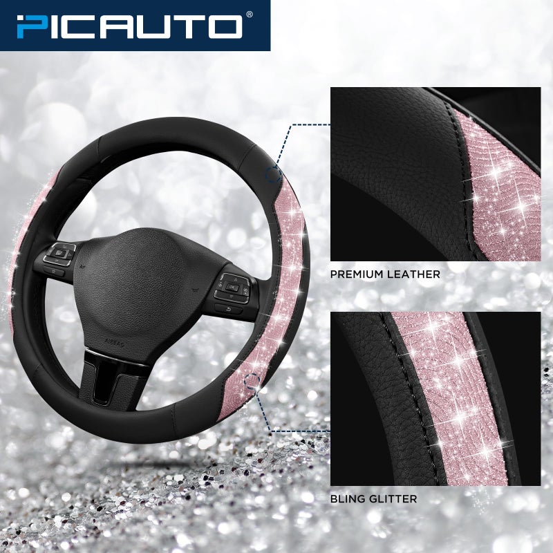 PIC AUTO Steering Wheel Cover, Pink Sparkly Crystal Bling Glitter with Leather, Universal Fit 14.5"-15.5" Car Steering Wheels for Girls & Women, Anti-Slip Wheels Cover for Cars, Trucks, Van, SUVs - Image 3