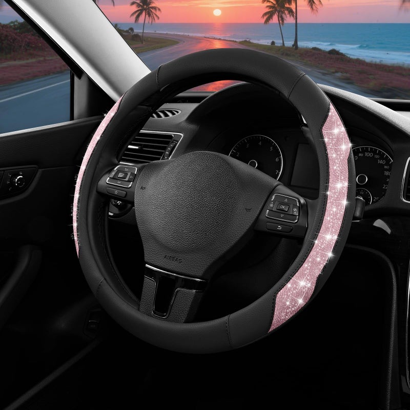 PIC AUTO Steering Wheel Cover, Pink Sparkly Crystal Bling Glitter with Leather, Universal Fit 14.5"-15.5" Car Steering Wheels for Girls & Women, Anti-Slip Wheels Cover for Cars, Trucks, Van, SUVs - Image 2