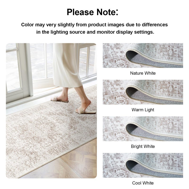 EISUROM Hallway 2x5 Runner Rug - Vintage Non-Slip Long Rug for Entryway Low-Pile Washable Medallion Rugs for Hallway Waterproof Traditional Indoor Thin Rugs for Kitchen (Ivory/Beige) - Image 2