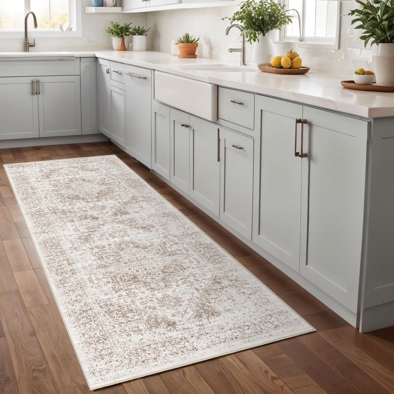 EISUROM Hallway 2x5 Runner Rug - Vintage Non-Slip Long Rug for Entryway Low-Pile Washable Medallion Rugs for Hallway Waterproof Traditional Indoor Thin Rugs for Kitchen (Ivory/Beige) - Image 3