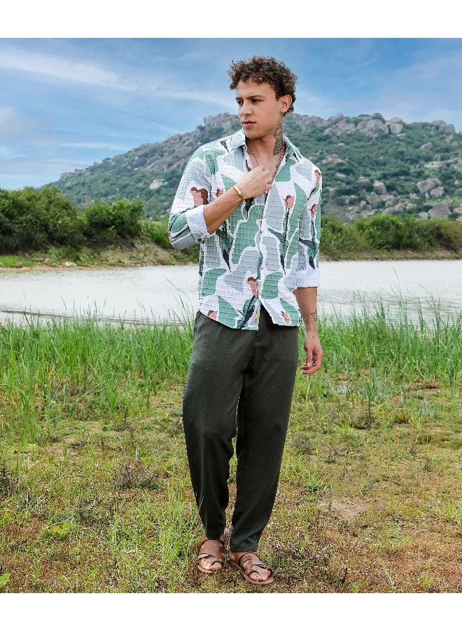 Men's Pistachio Green & Ash Grey Abstract Tulip Shirt For Casual Wear | Spread Collar | Long Sleeve | Button Closure | Shirt Crafted With Comfort Fit For Everyday Wear