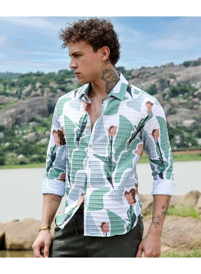 CAHOOT  Men's Pistachio Green & Ash Grey Abstract Tulip Shirt For Casual Wear | Spread Collar | Long Sleeve | Button Closure | Shirt Crafted With Comfort Fit For Everyday Wear for Men | Best Price UAE