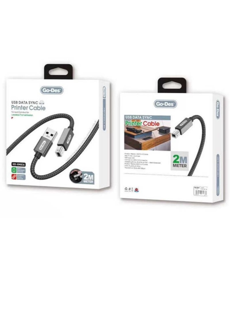 GO-DES USB-A to USB-B 2.0 Braided Printer Cable 2M Black  - Image 2
