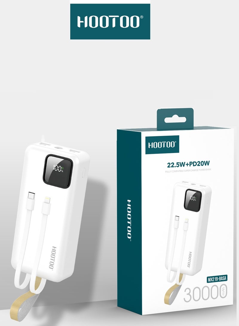 هوتو باور بنك بسعة 30000mAh بثلاث مخارج أثنان من النوع USB-A ومخرج من النوع USB-C ومدخل شحن مايكرو ,كبلان مدمجان ,شاشة عرض رقمية ,دعم لشحن السريع بقوة 22.5 واط مع أضاء فلاش LED ,وحزام مدمج لحمله. أبيض - Image 3