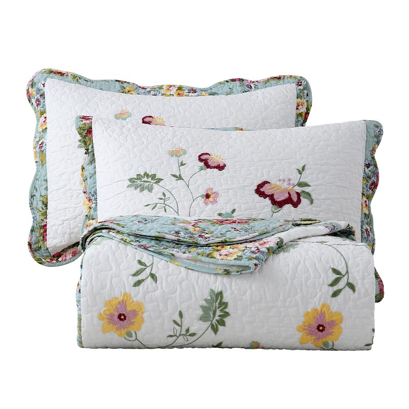 vctops 3Piece Embroidered Floral Cotton Quilt Set Elegant Reversible Lightweight Soft Bedspread Coverlet with 2 Pillow Shams Floral FullQueen