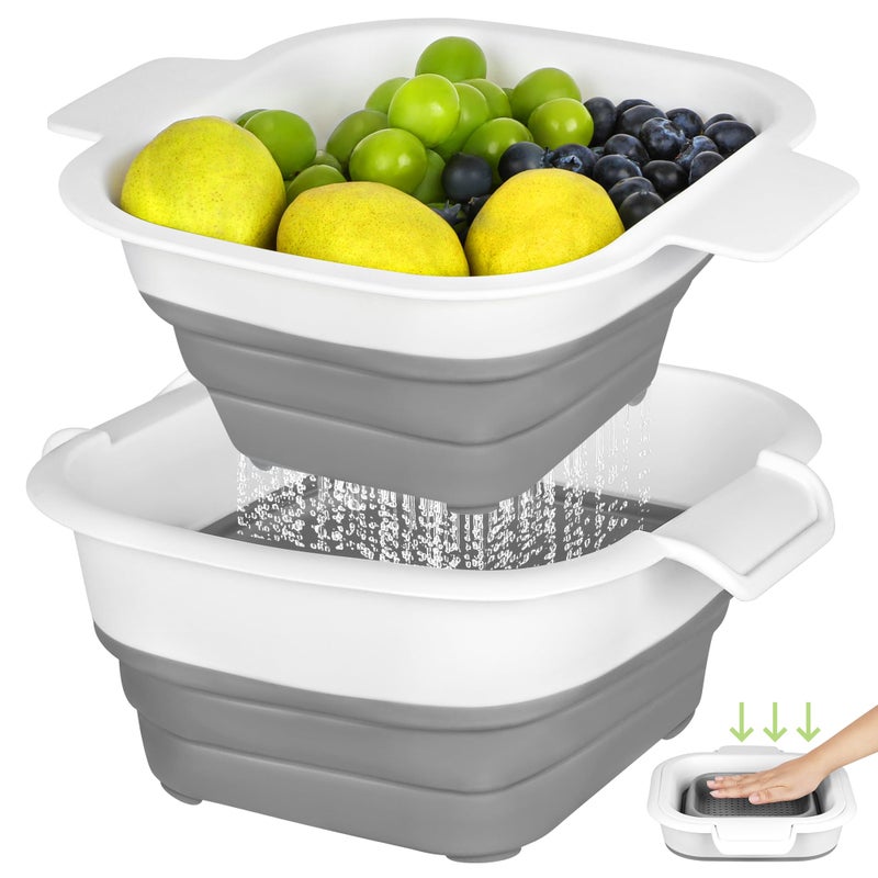 ROTTOGOON Collapsible Colander Set with Strainer Bowl, 2 in 1 Fruit Washing Basket with Strainer, 5 + 3 QT Plastic Colanders for Kitchen, Foldable Double Layered Colanders Bowl for Vegetable, Grey - Image 1