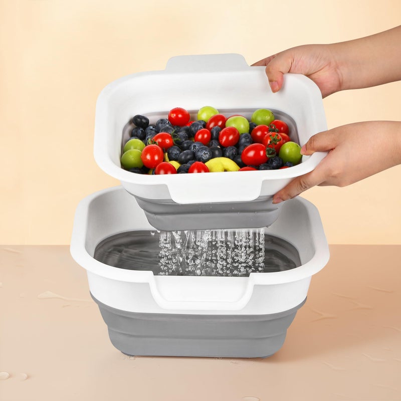 ROTTOGOON Collapsible Colander Set with Strainer Bowl, 2 in 1 Fruit Washing Basket with Strainer, 5 + 3 QT Plastic Colanders for Kitchen, Foldable Double Layered Colanders Bowl for Vegetable, Grey - Image 4