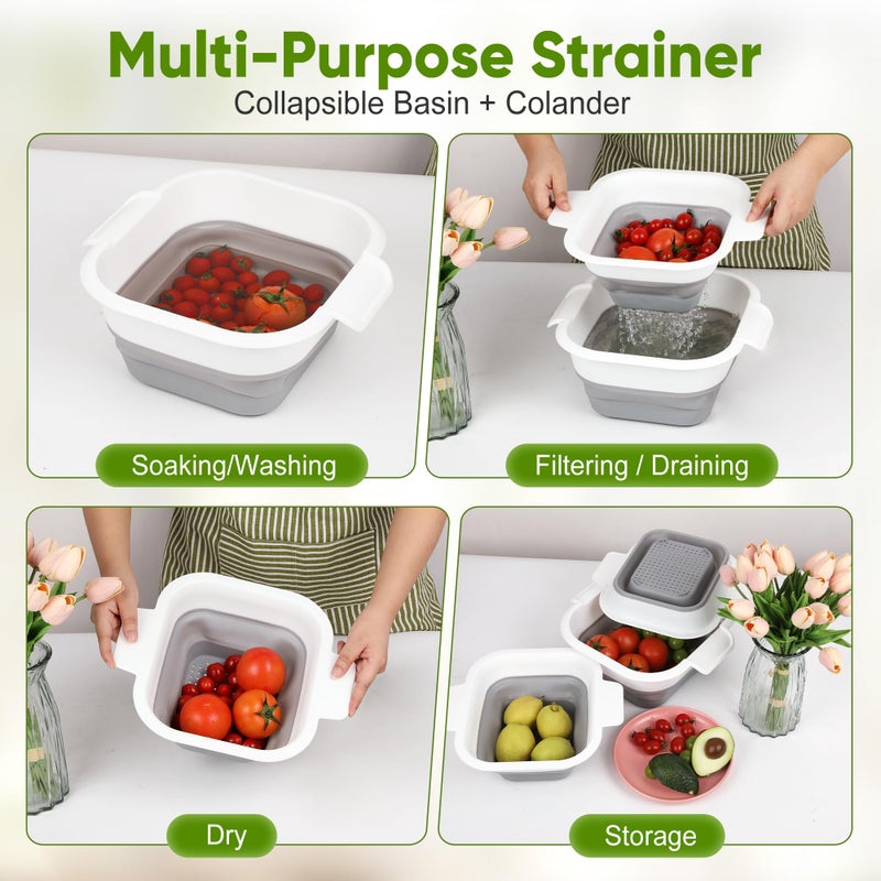 ROTTOGOON Collapsible Colander Set with Strainer Bowl, 2 in 1 Fruit Washing Basket with Strainer, 5 + 3 QT Plastic Colanders for Kitchen, Foldable Double Layered Colanders Bowl for Vegetable, Grey - Image 3